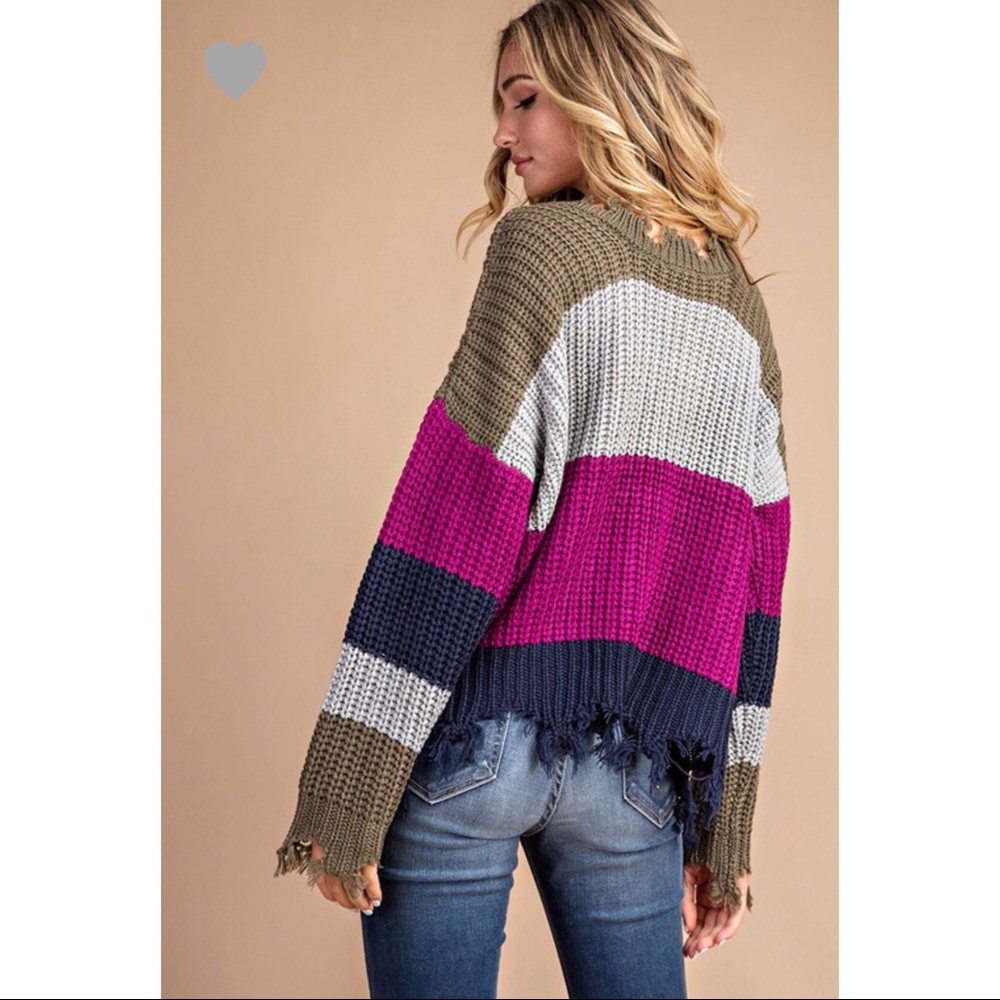 Kara Distressed Chunky Knit Sweater - Magenta - Picture 4 of 5